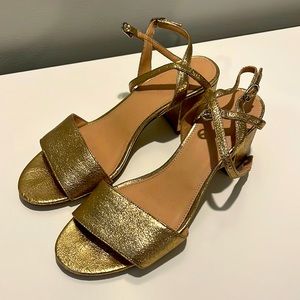 J. Crew size 7 gold sandals with small block heel (worn once at a wedding)